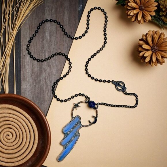 Boho Chic Kyanite & Amethyst Crescent Moon Star Pendant Vintage Necklace ๐โจ - Picture 6 of 12